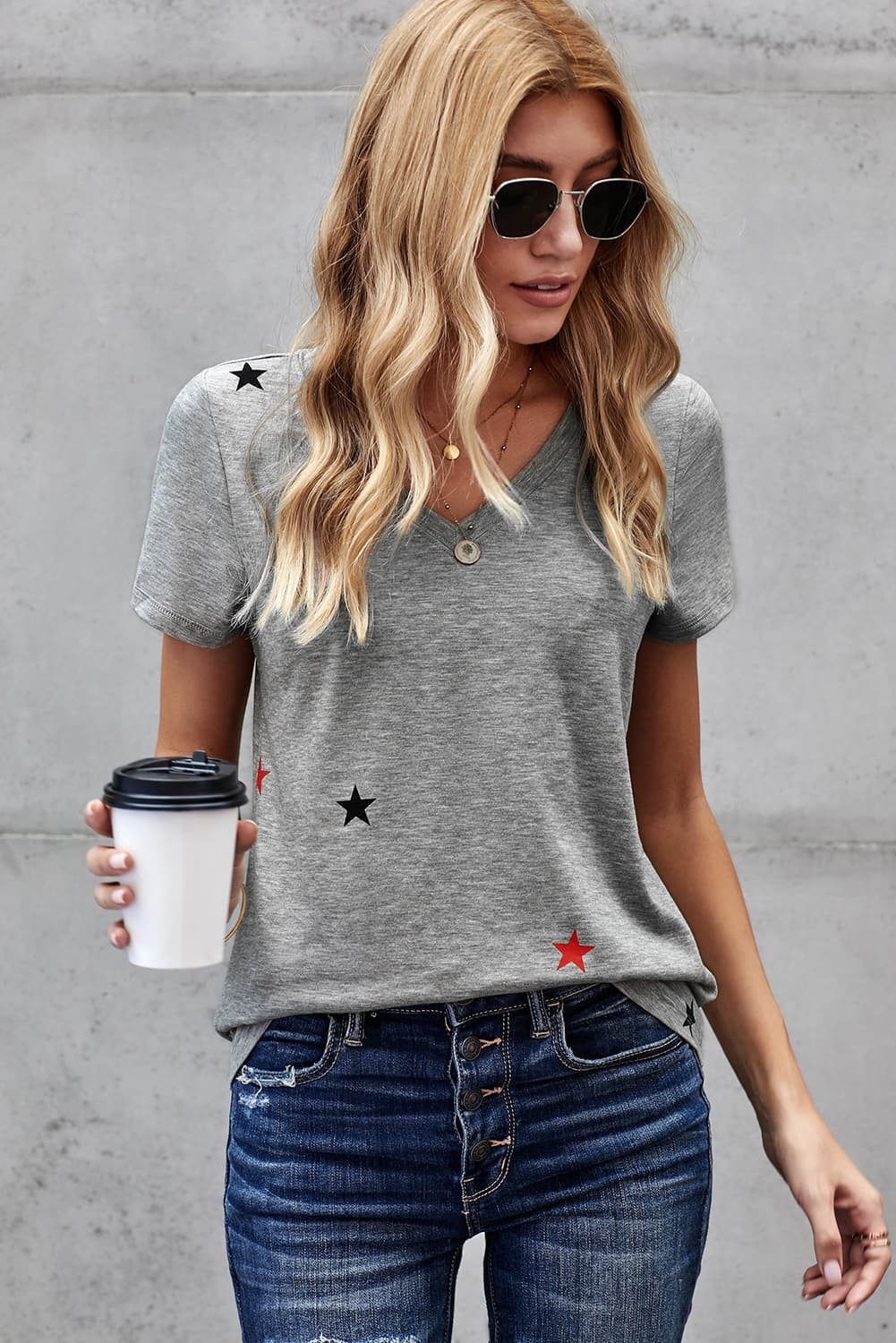 Star Print V-Neck Tee Shirt