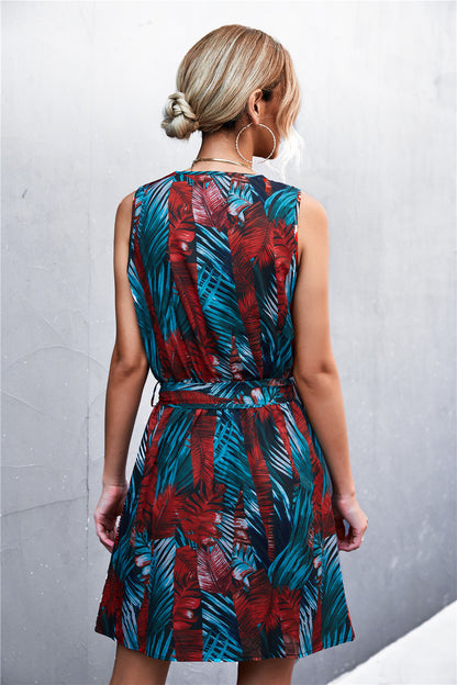 Printed Zip Detail Belted Sleeveless Dress