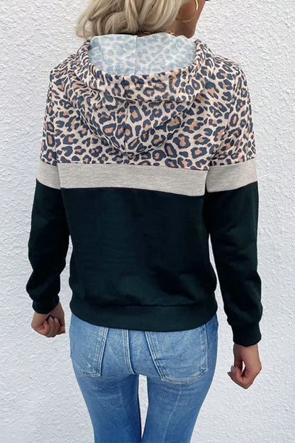 Leopard Color Block Long Sleeve Drawstring Hoodie