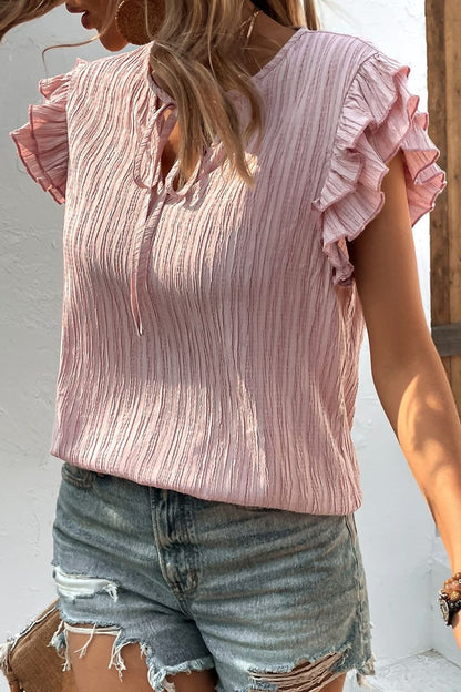Textured Tie Neck Butterfly Sleeve Blouse