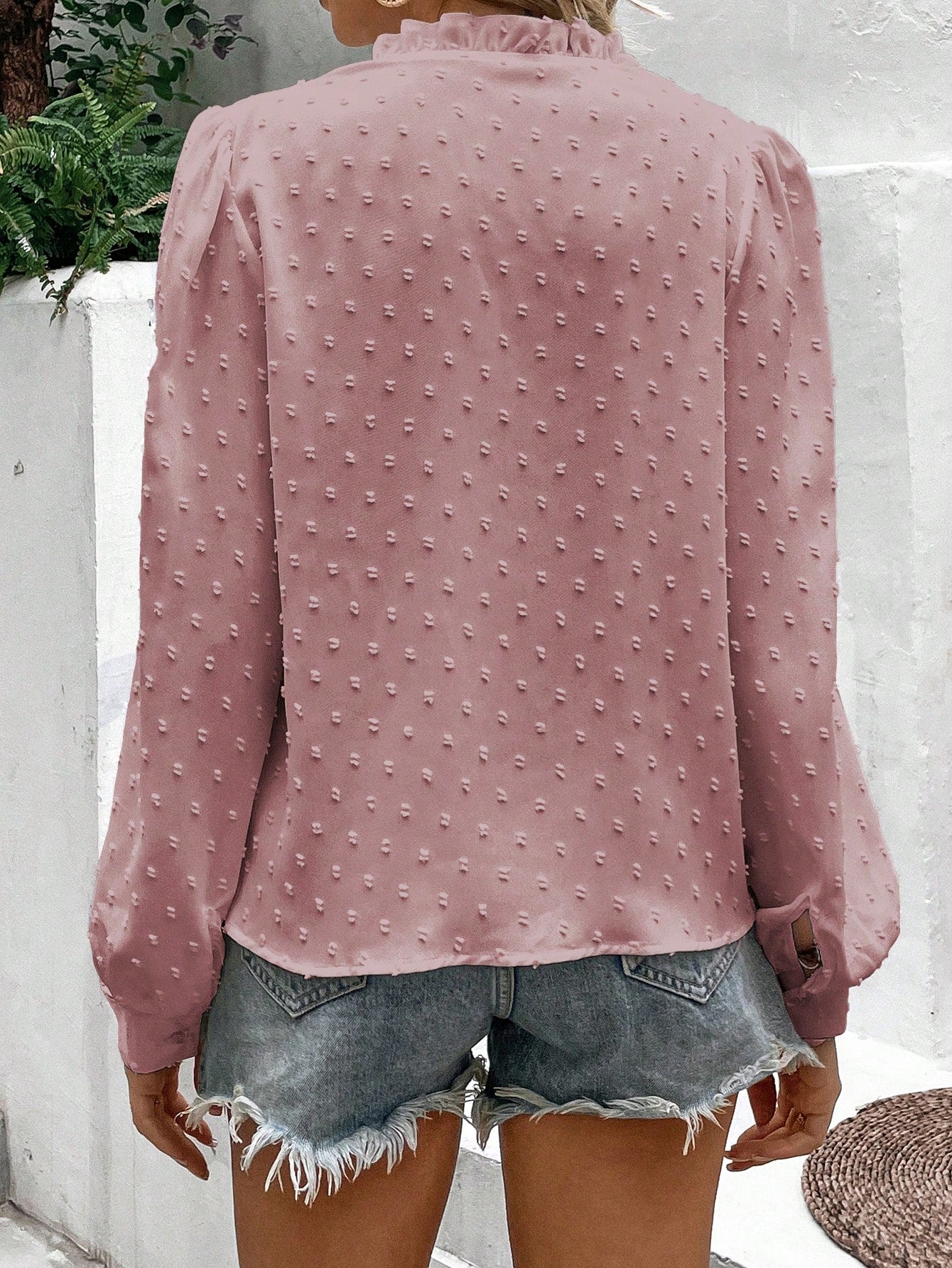 Swiss Dot Lace Trim Long Sleeve Shirt