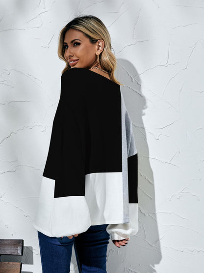 Color Block Balloon Sleeve Boat Neck Sweater