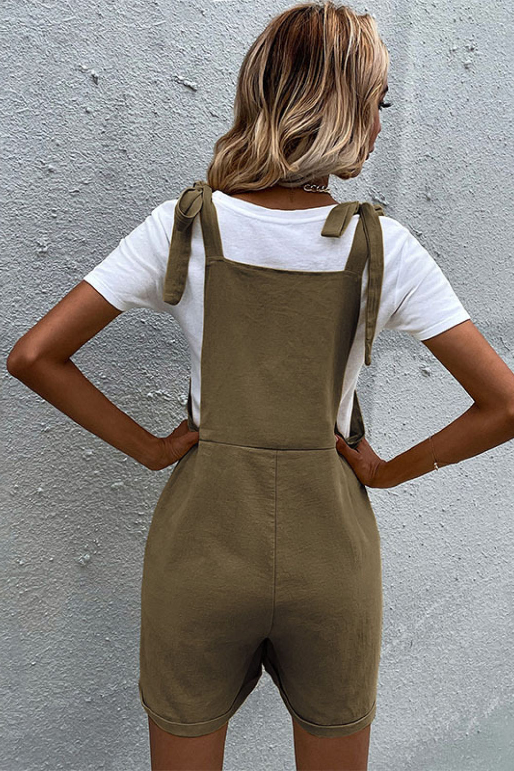 Tie Cuffed Short Overalls with Pockets