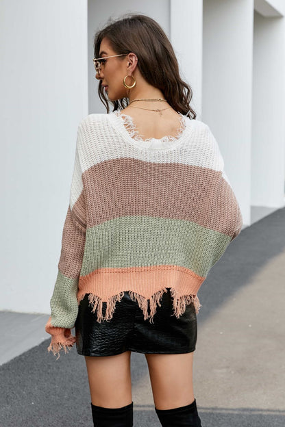Striped Fringe Trim V-Neck Sweater