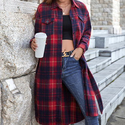 Plaid Belted Button Down Longline Shirt Jacket