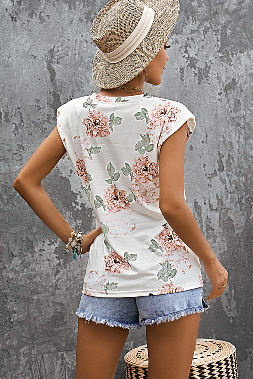 Printed Capped Sleeve Round Neck Top