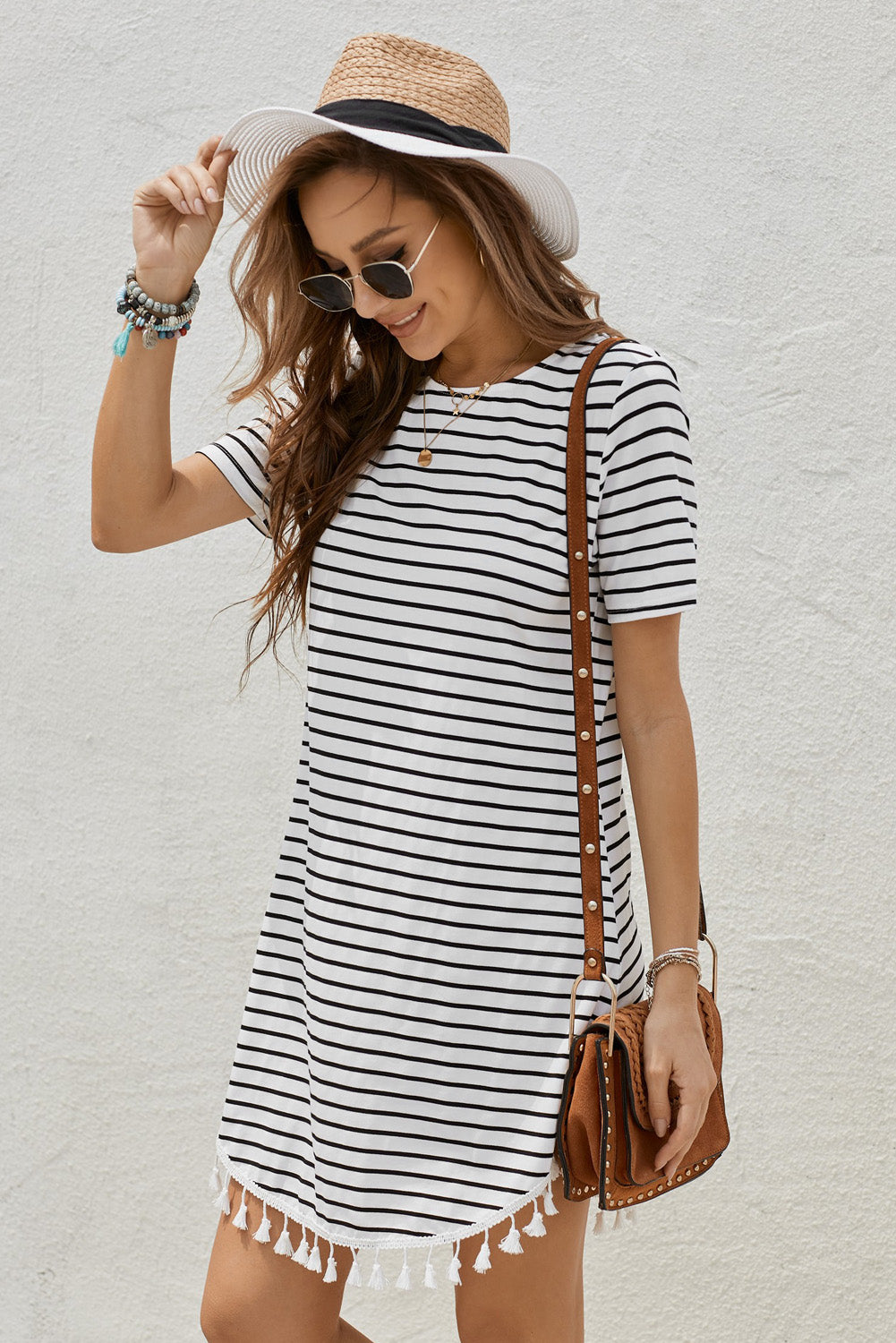 Striped Tassel Round Neck T-Shirt Dress