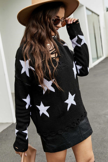 Star Pattern Lace-Up Drop Shoulder Sweater