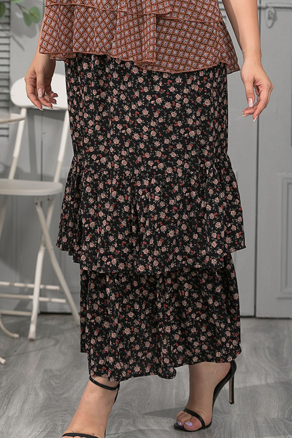 Plus Size Ditsy Floral Layered Maxi Skirt