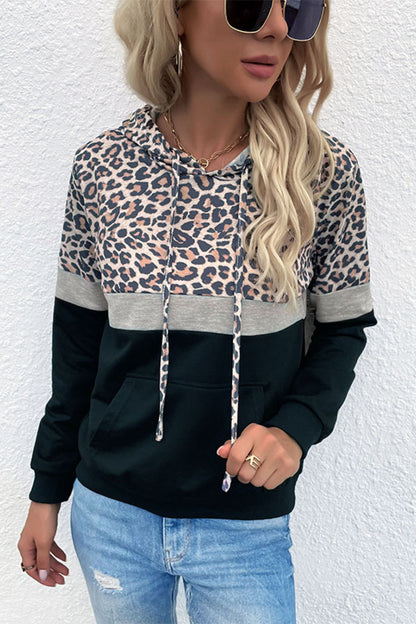 Leopard Color Block Long Sleeve Drawstring Hoodie