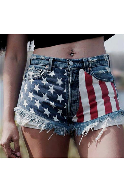 Women's American Flag Fringe Star Print Denim Shorts