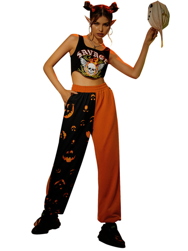 Women's Halloween casual patchwork print shows the trend of thin pants