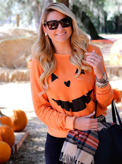 Women's round neck Halloween Pumpkin print casual long sleeve top